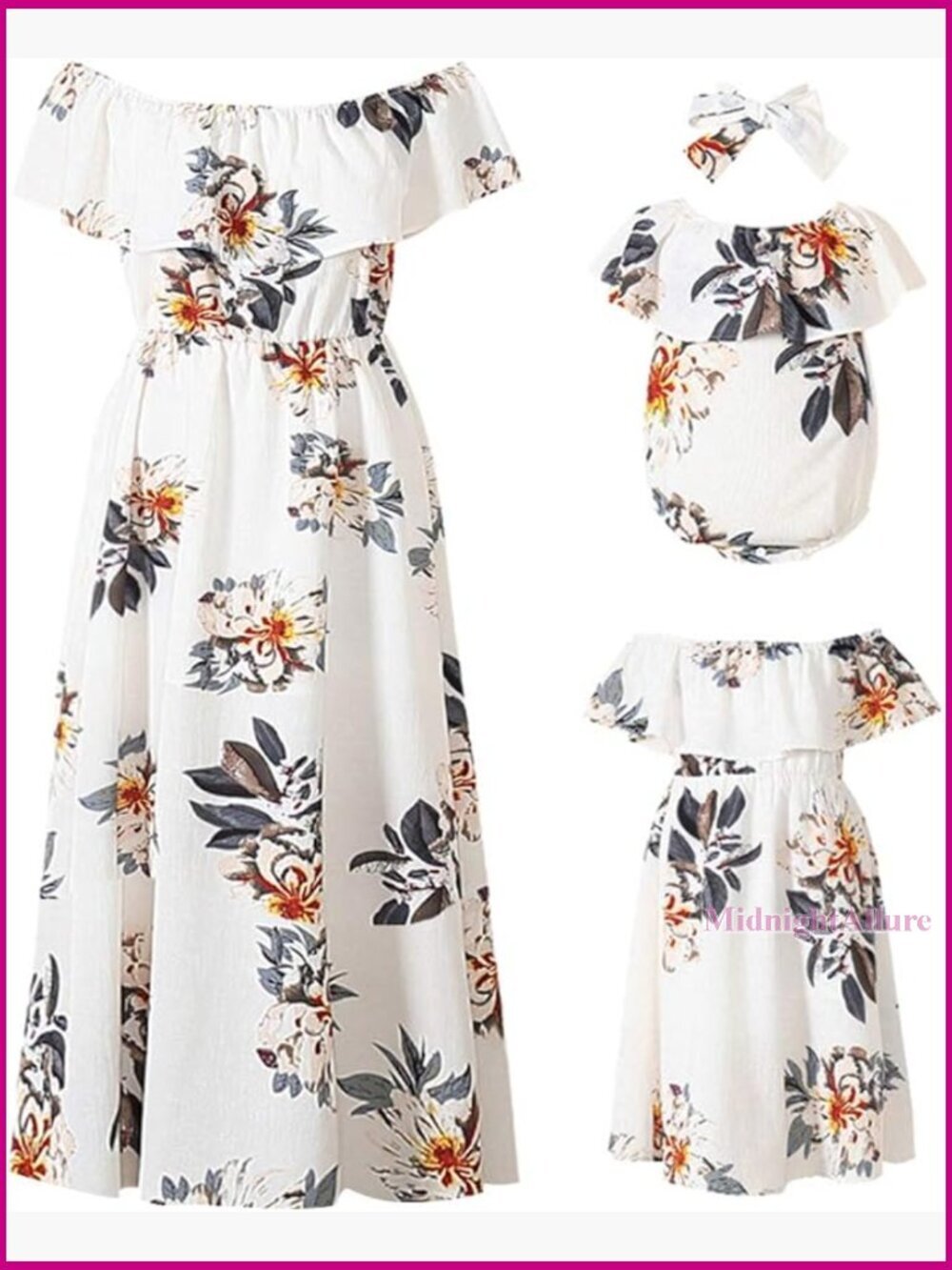 Mommy and Me Floral Chiffon Bowknot Ruffles Short Sleeve Beach Mom Daughter